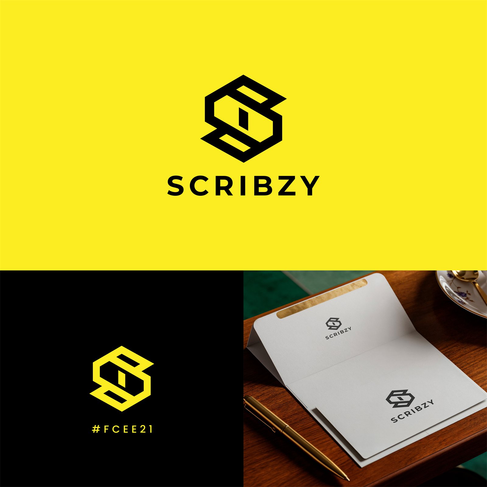 Scribzy geometric S monogram logo in black on yellow, with envelope mockup