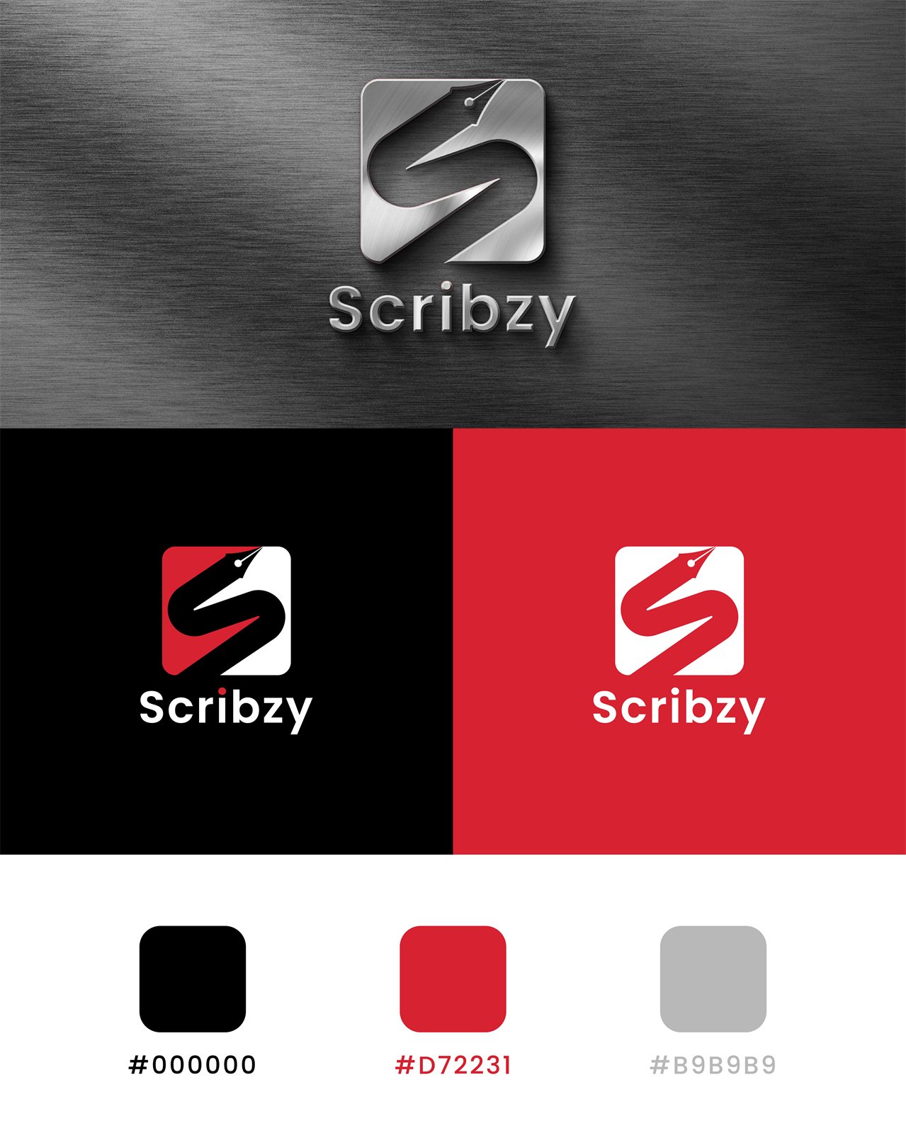 Scribzy metallic pen-bird logo concept with red and black color palette