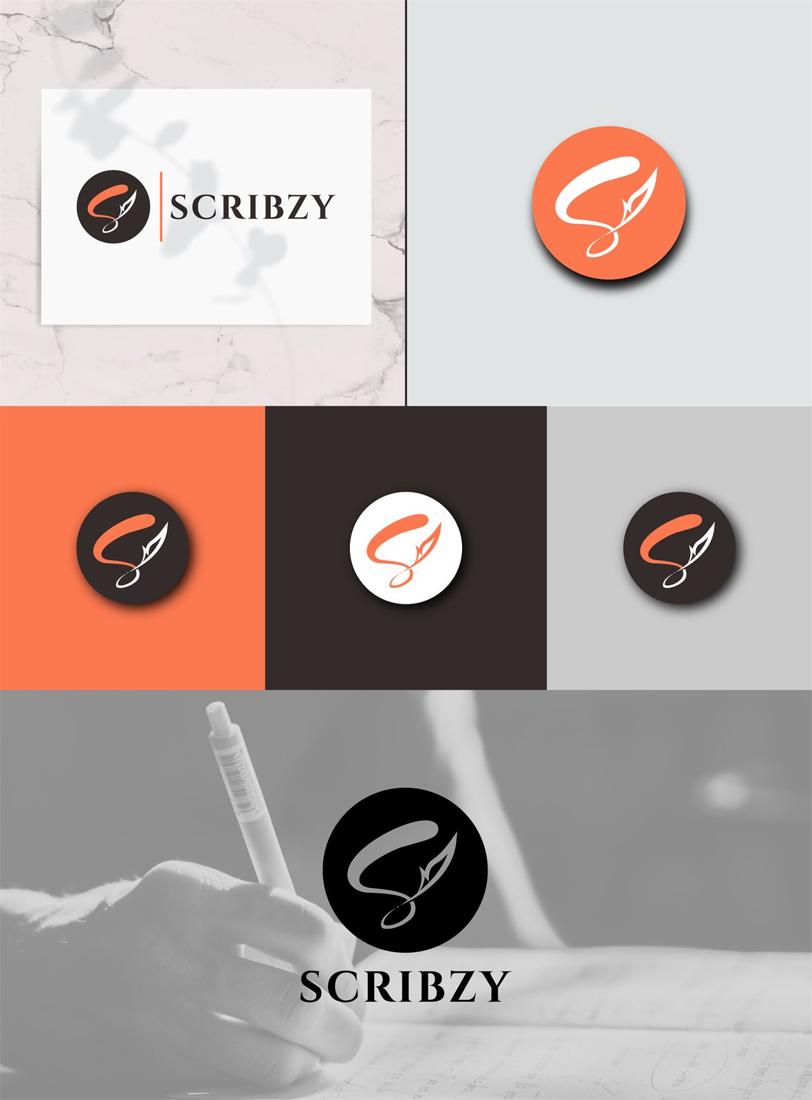 Scribzy hand-drawn quill S logo concept in orange across badge variations