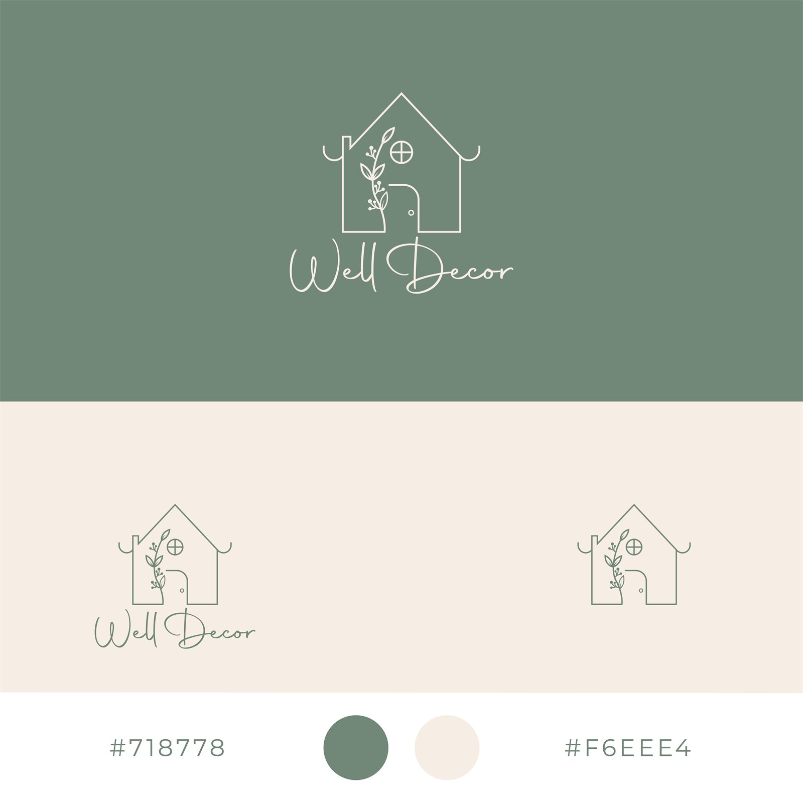 Well Decor single-line house and vine logo shown on sage green and cream backgrounds